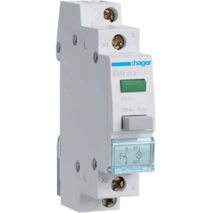 Кнопка Hager с фиксацией / зеленая LED-лампа / 1НО / 16A / 230V AC / 1 мод / SVN413