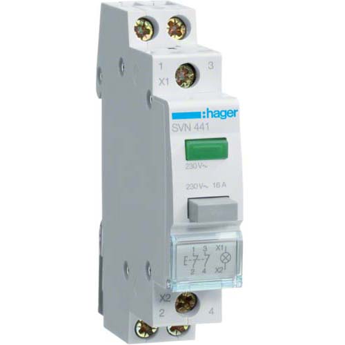 Кнопка Hager без фиксации / зеленая LED-лампа / 2НЗ / 16A / 230V AC / 1 мод / SVN441 - фото 1