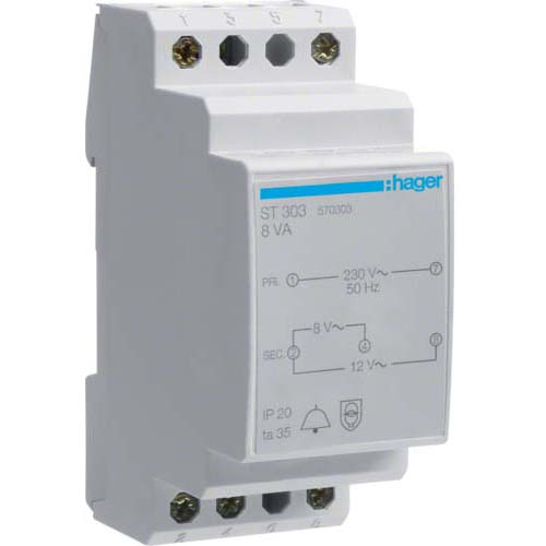 Трансформатор для звонка Hager / 230V AC / 8V AC и 12V AC / 8VA / 2 мод / ST303 - фото 1