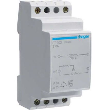 Трансформатор для звонка Hager / 230V AC / 8V AC и 12V AC / 8VA / 2 мод / ST303