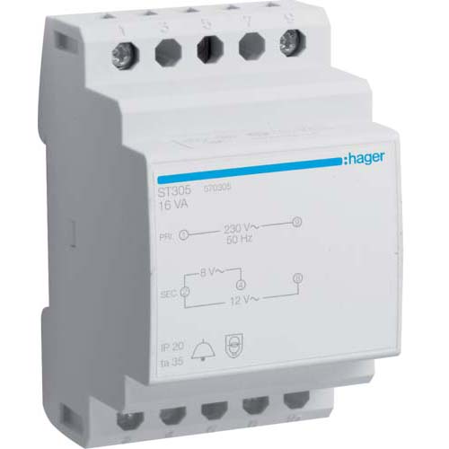 Трансформатор для звонка Hager / 230V AC / 8V AC и 12V AC / 16VA / 3 мод / ST305 - фото 1